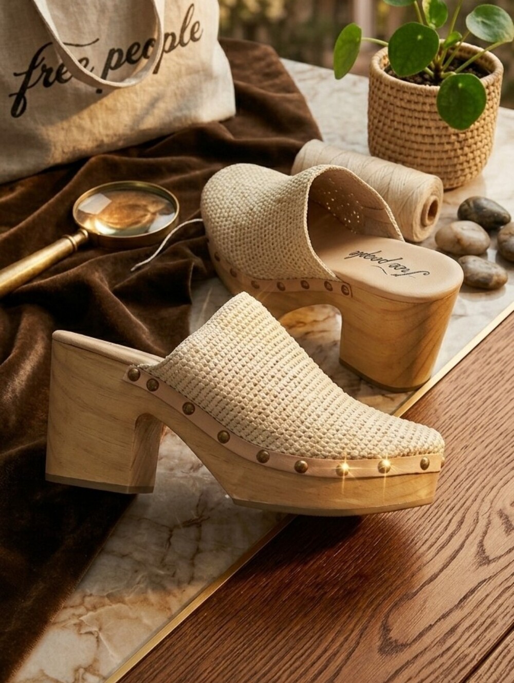 Free People Tan Woven Leather Clog Mules
